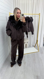 Faux Fur Trim Puffer Coat - BROWN