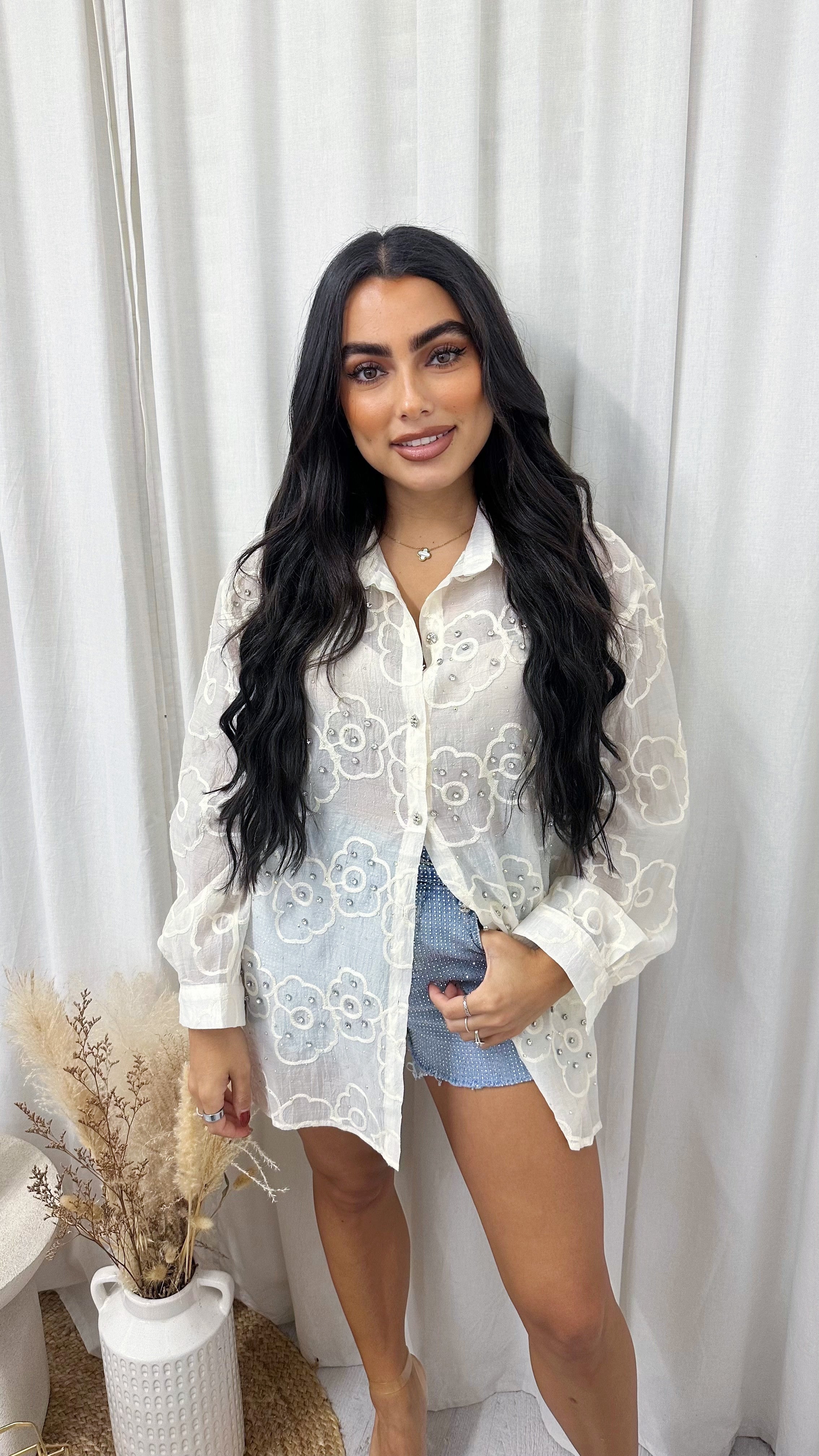Embroidered Diamante Embellished Sheer Shirt - CREAM
