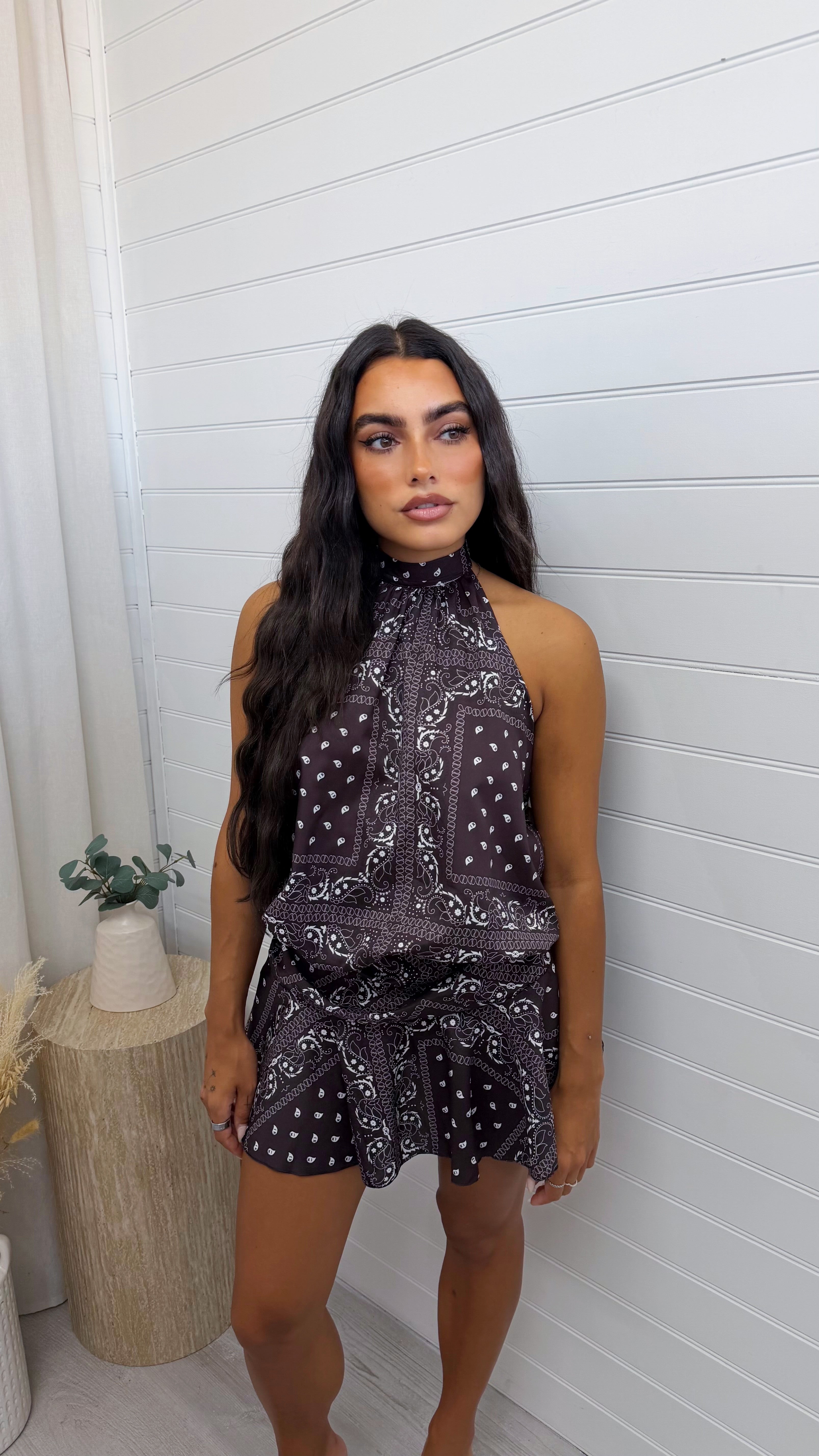 Bandana Print Halter Neck Top and Skirt Co-Ord - BROWN