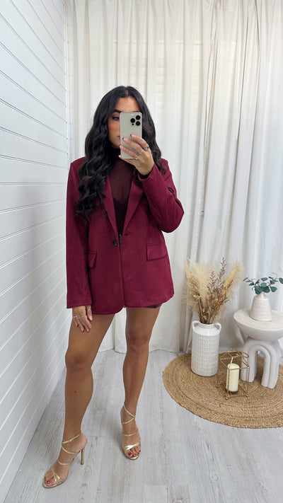 Suede Tailored Fit Blazer - WINE
