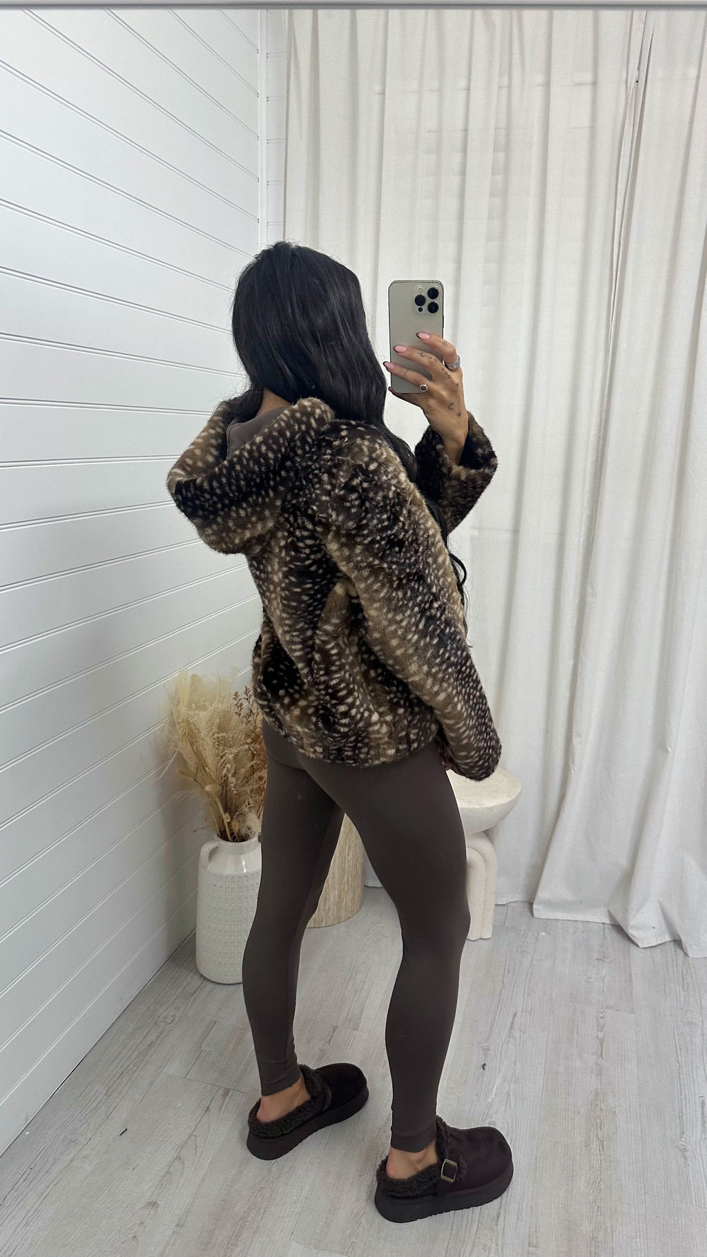 Deer Print Faux Fur Hooded Jacket
