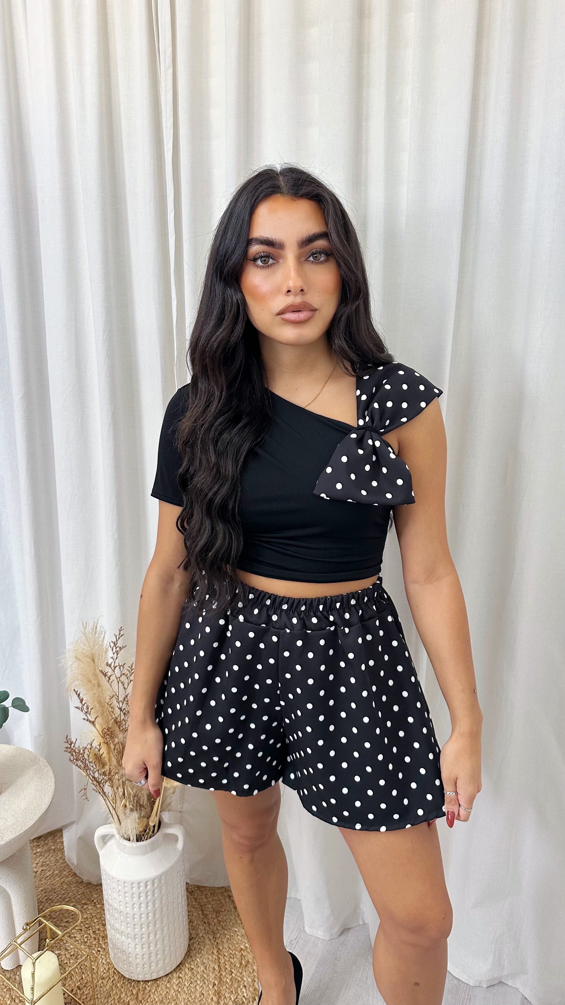 Bow Shoulder Polka Dot Top and Shorts Co-Ord - BLACK