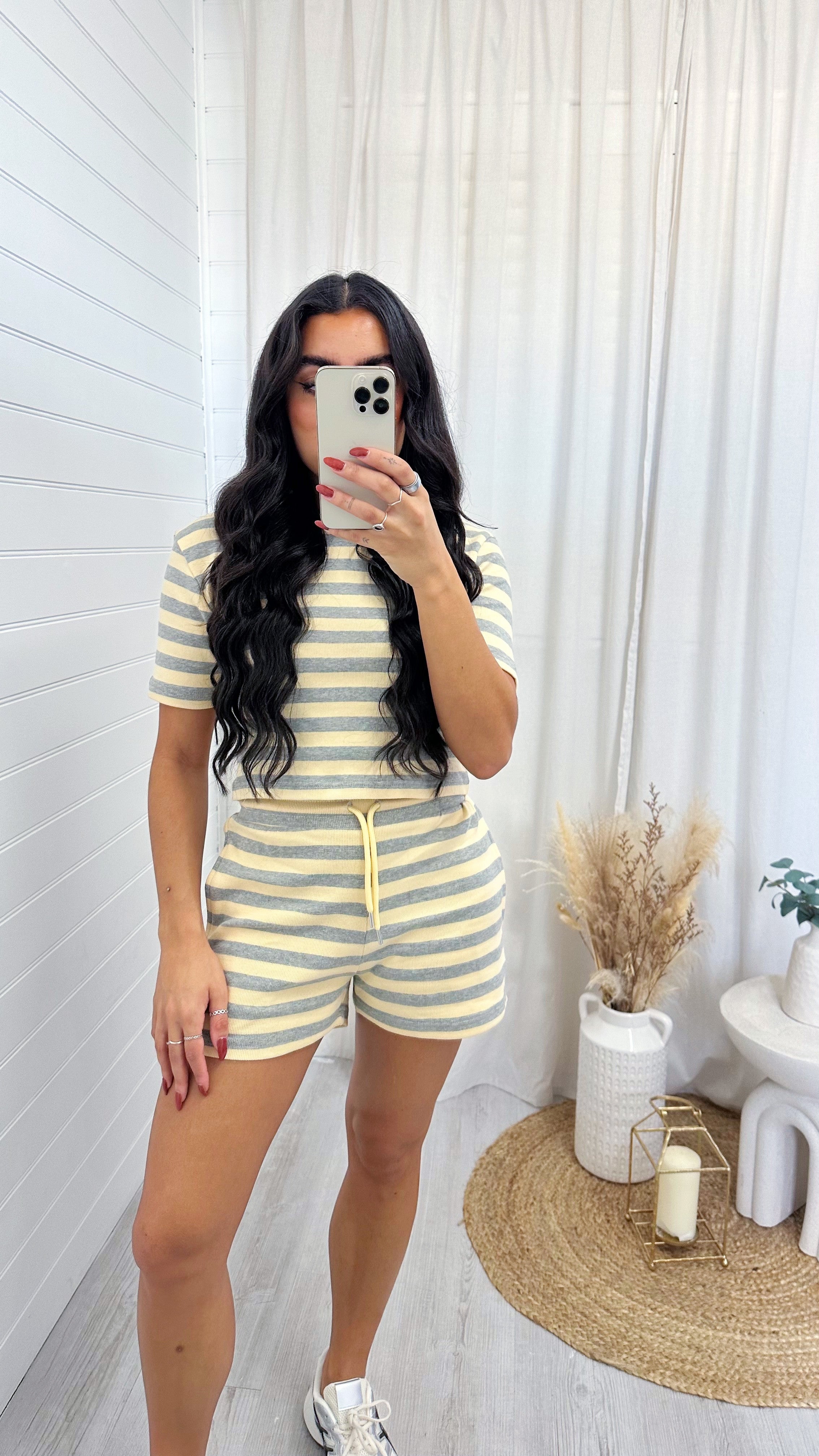 Stripey Rib T-Shirt and Shorts Co-Ord - LEMON