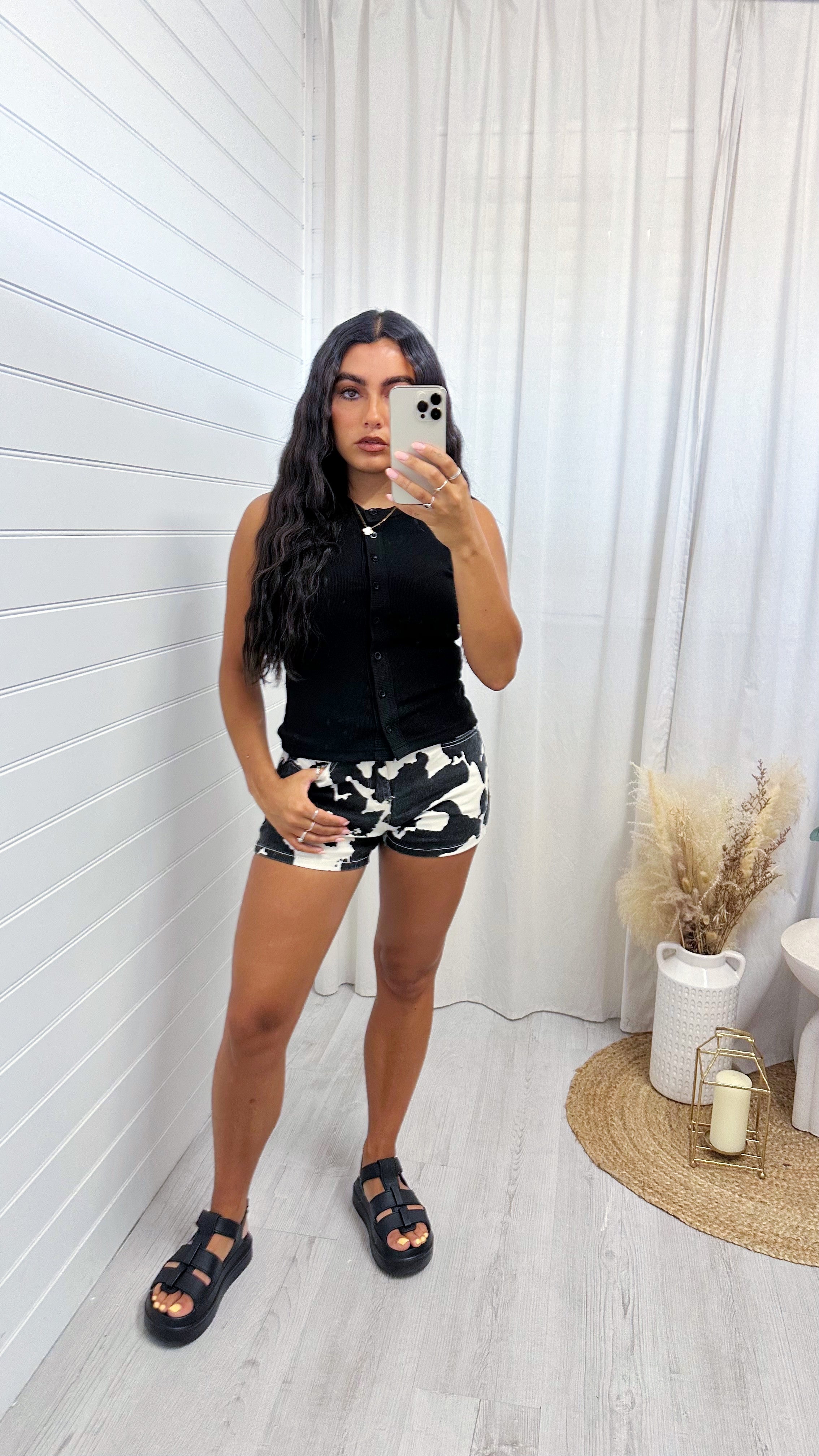 Cow Print High Waisted Denim Shorts