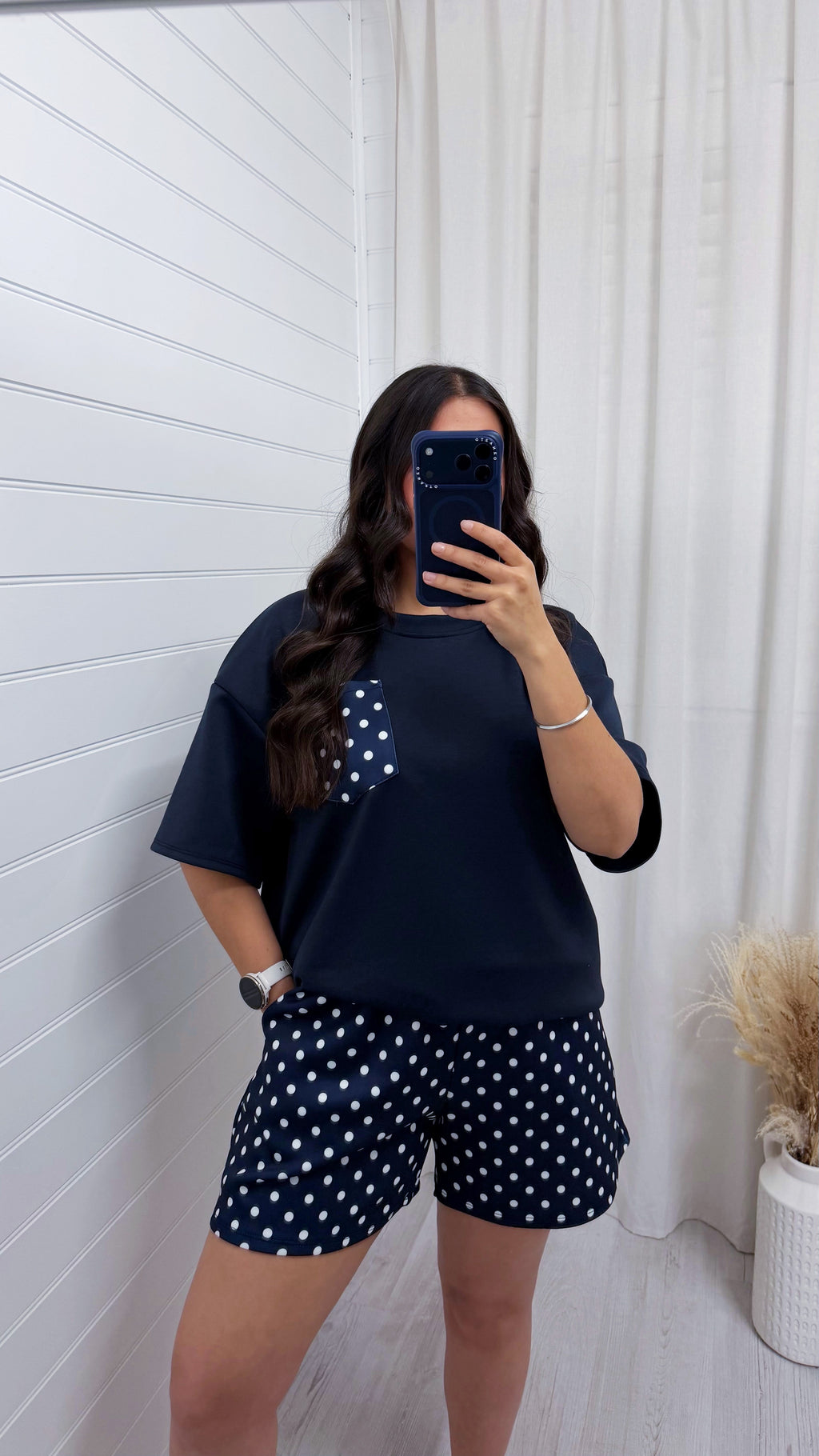 Polka Dot Baggy T-Shirt and Shorts Co-Ord - NAVY