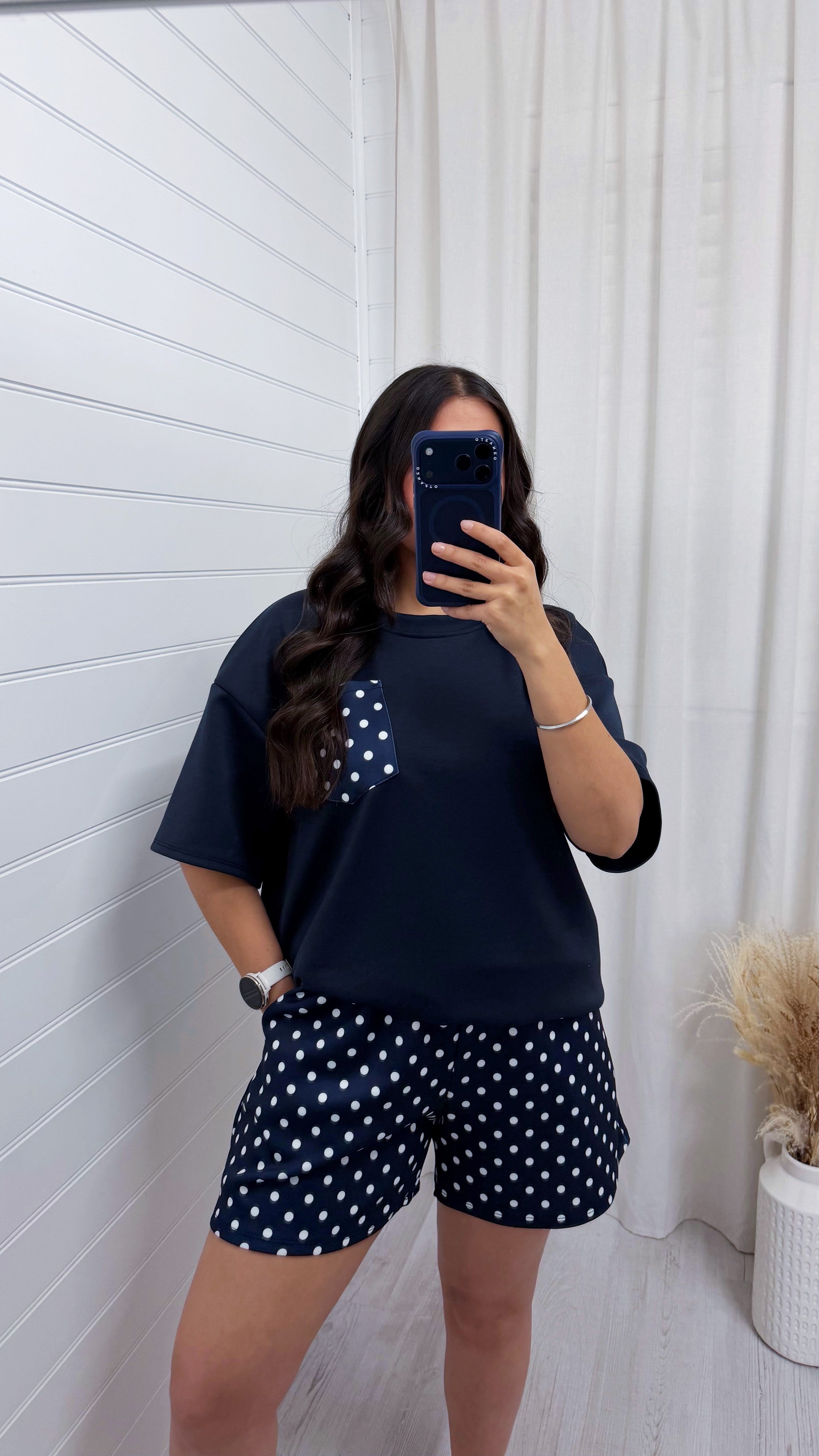 Polka Dot Baggy T-Shirt and Shorts Co-Ord - NAVY
