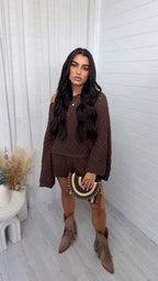 Crochet Knit Bardot Top and Shorts Co-Ord - BROWN
