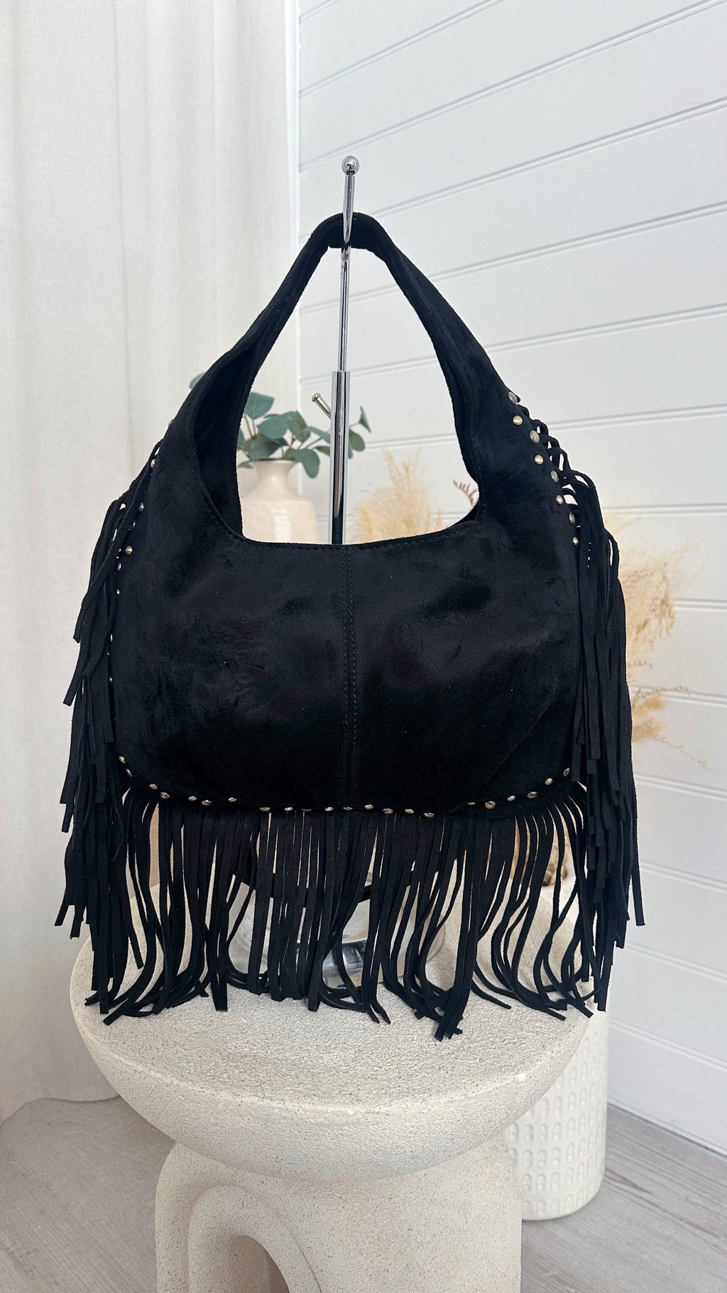 Suede Fringe Bag - BLACK