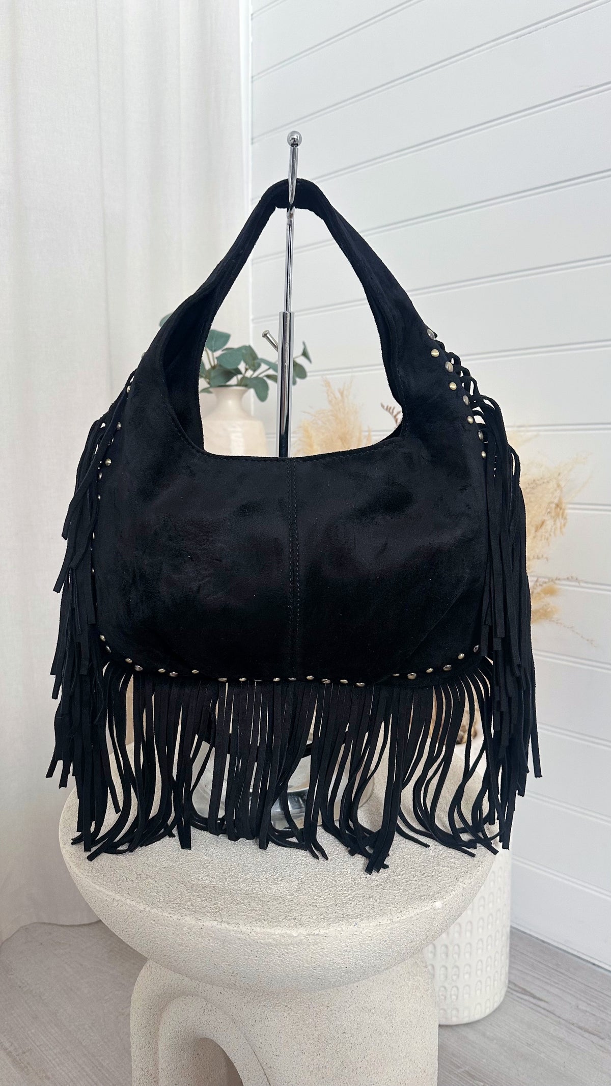 Suede Fringe Bag - BLACK