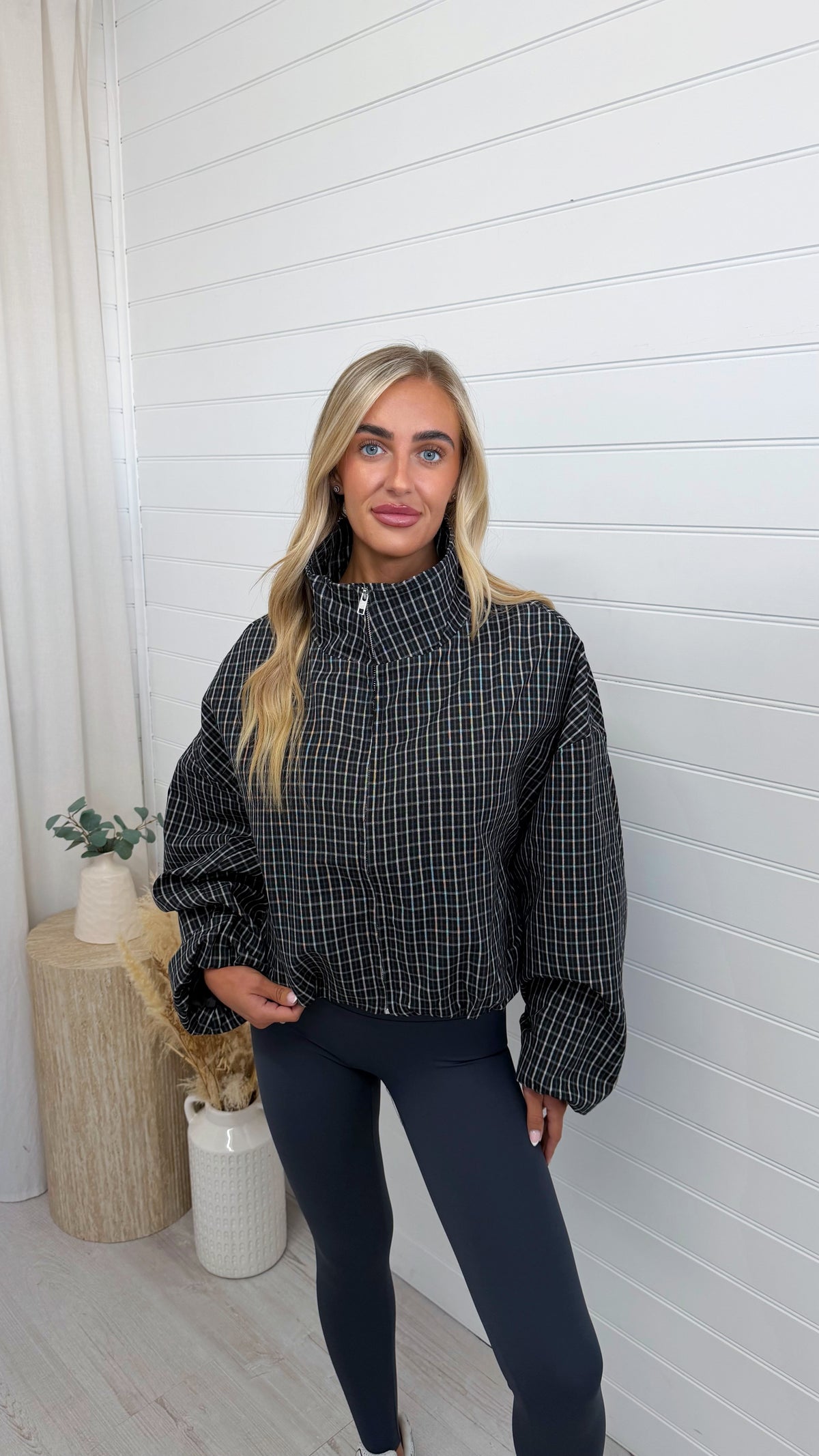 High Neck Check Bomber Jacket - BLACK