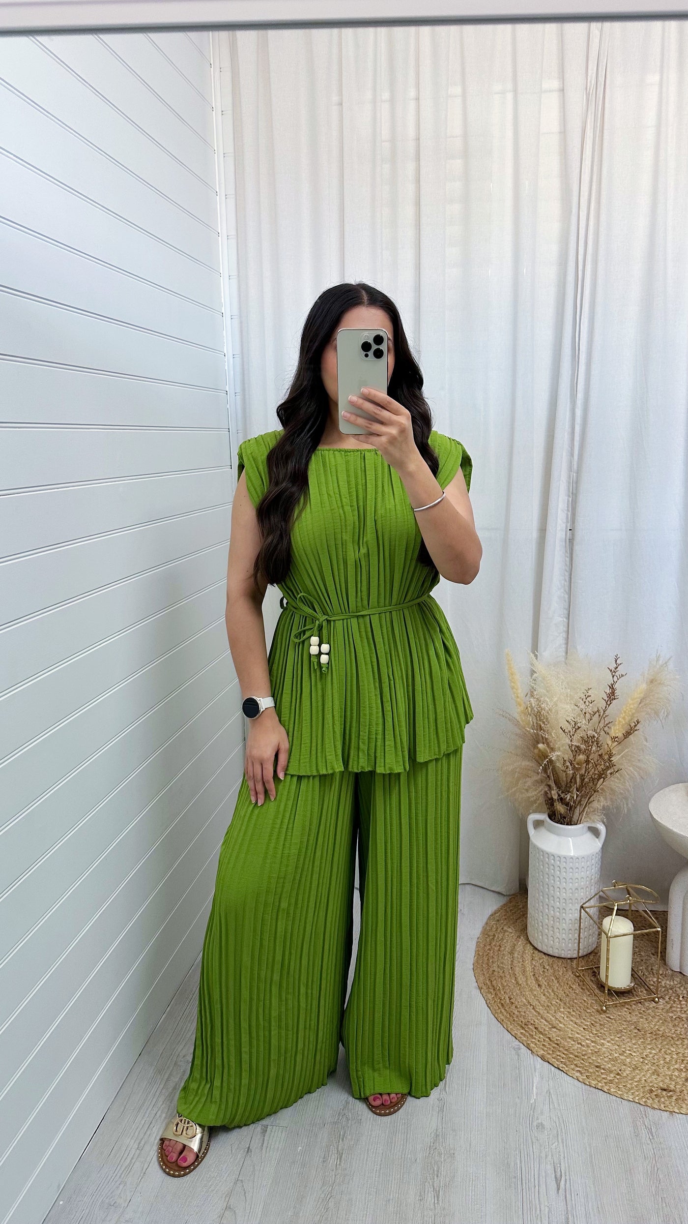 Pleated Tunic and Wide Leg Trousers Co-Ord - LIME