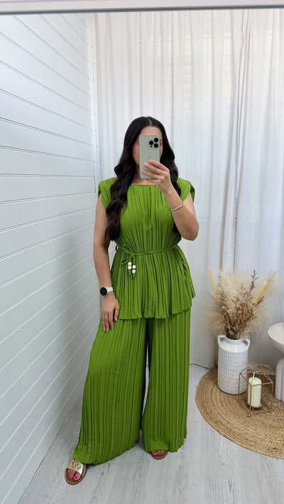 Pleated Tunic and Wide Leg Trousers Co-Ord - LIME