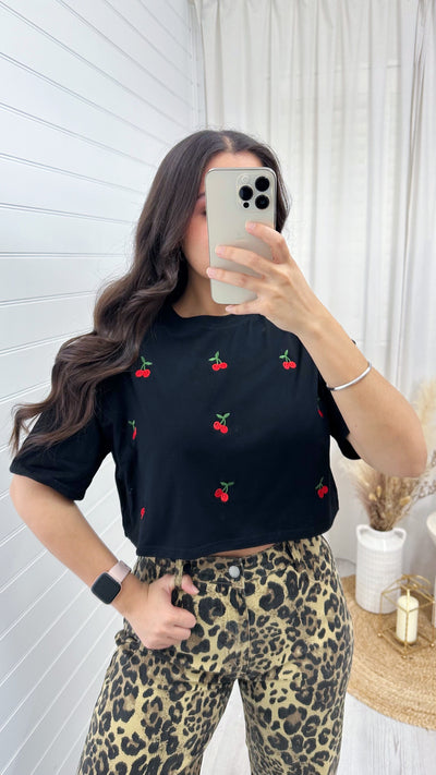 Embroidered Cherry Crop T-Shirt - BLACK