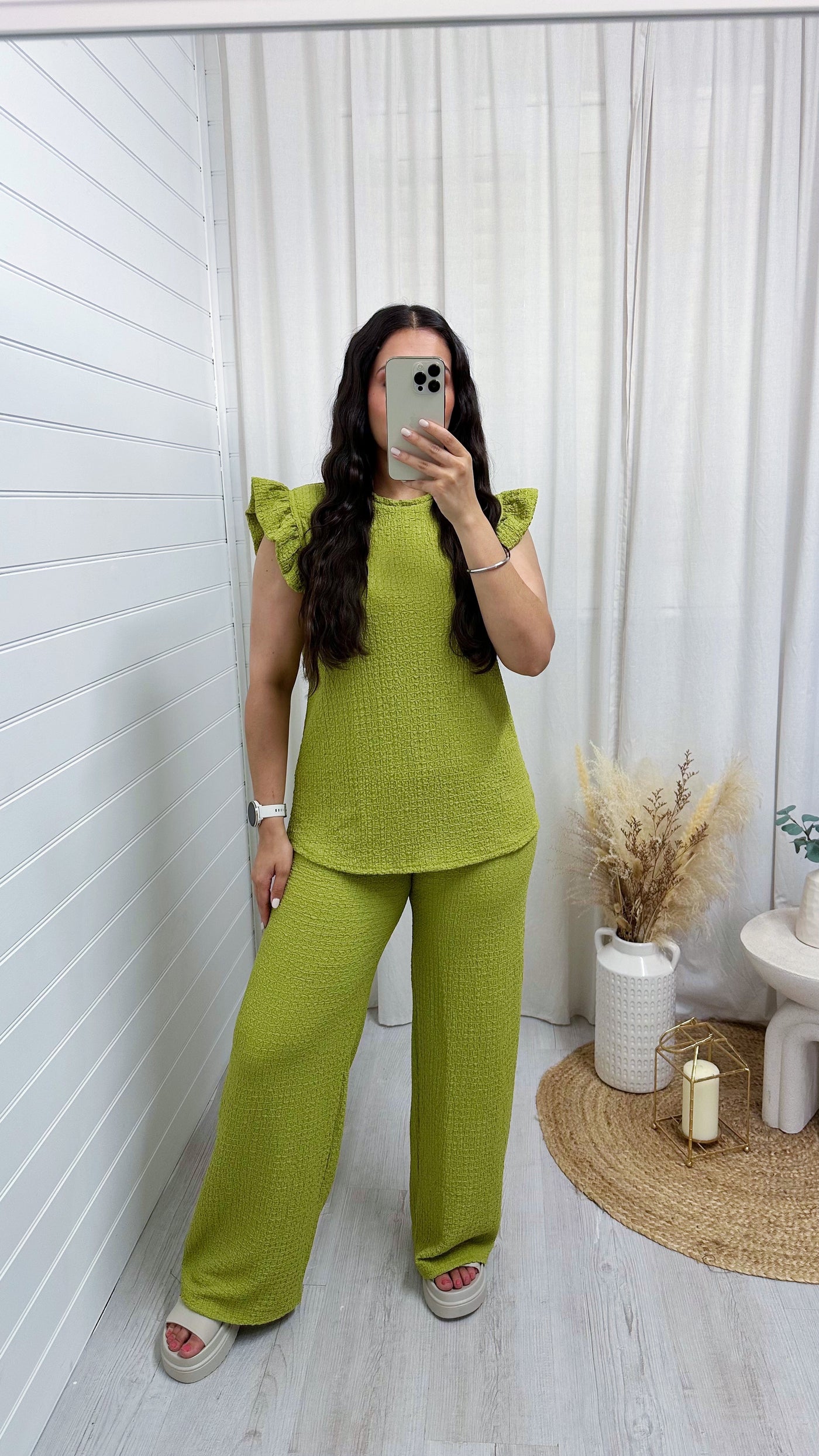 Cheesecloth Frill Shoulder Top and Trousers Co-Ord - LIME