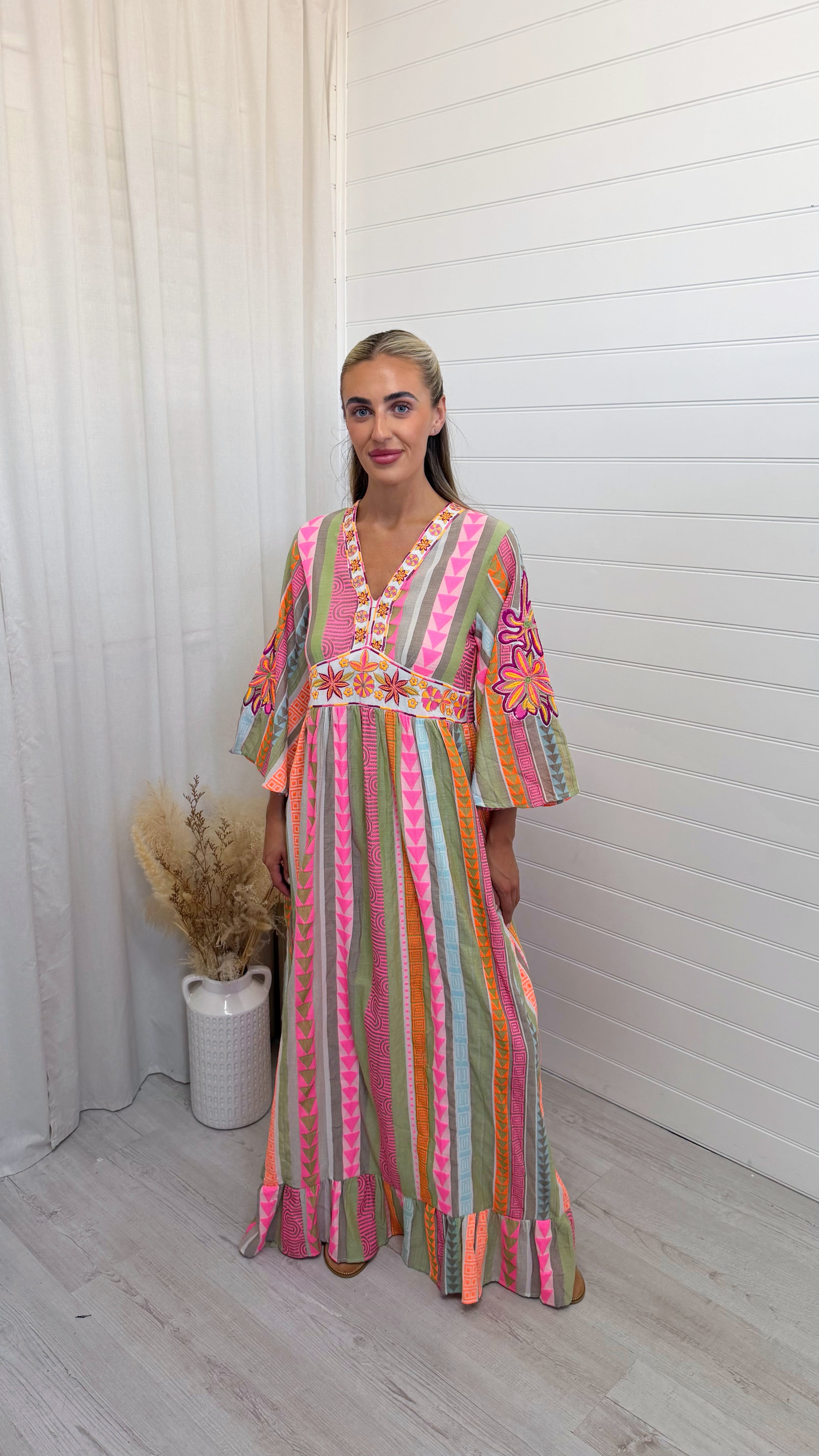 Aztec Embroidered Maxi Dress - PINK/ORANGE