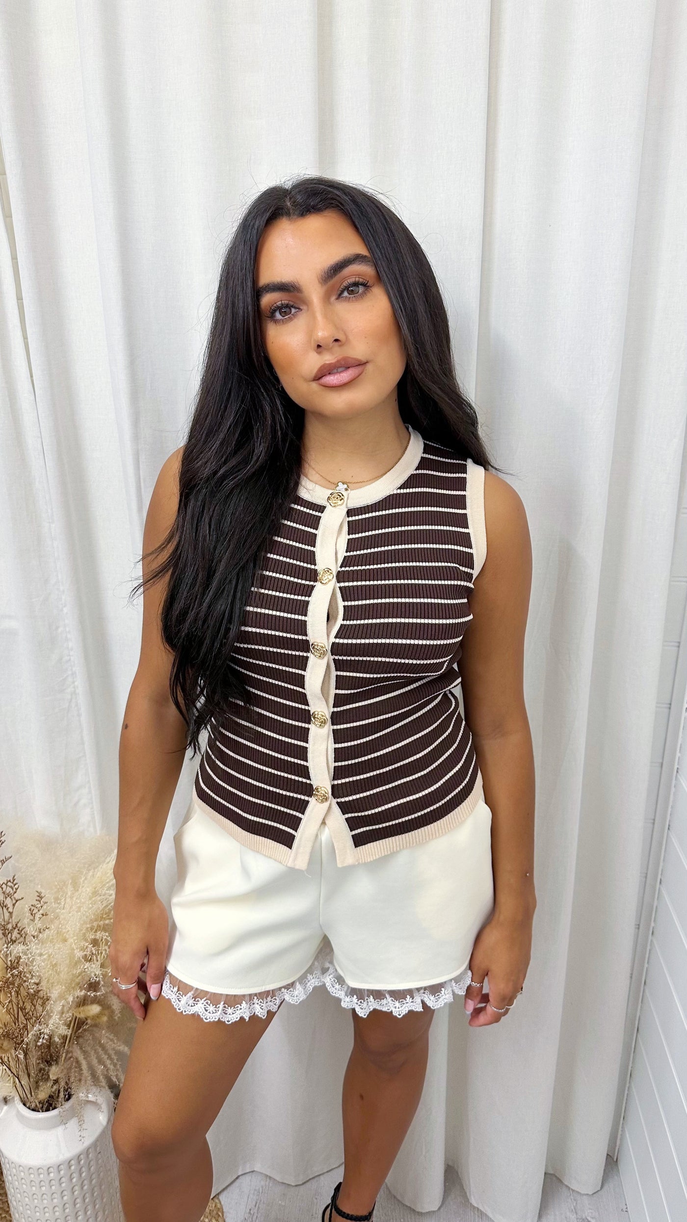 Stripey Gold Button Knitted Waistcoat - BROWN