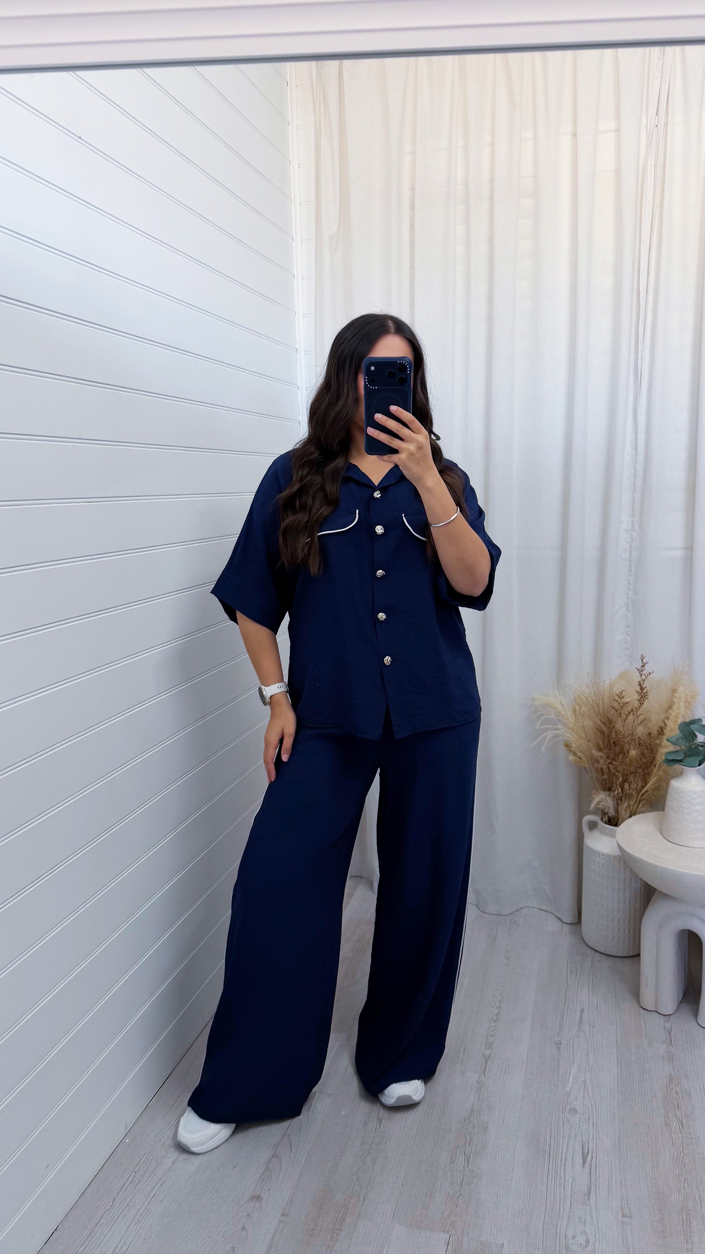 White Piped Shirt and Trousers Co-Ord - NAVY