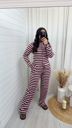 Stripe Knit Cardigan and Straight Leg Joggers Co-Ord - PINK/BROWN