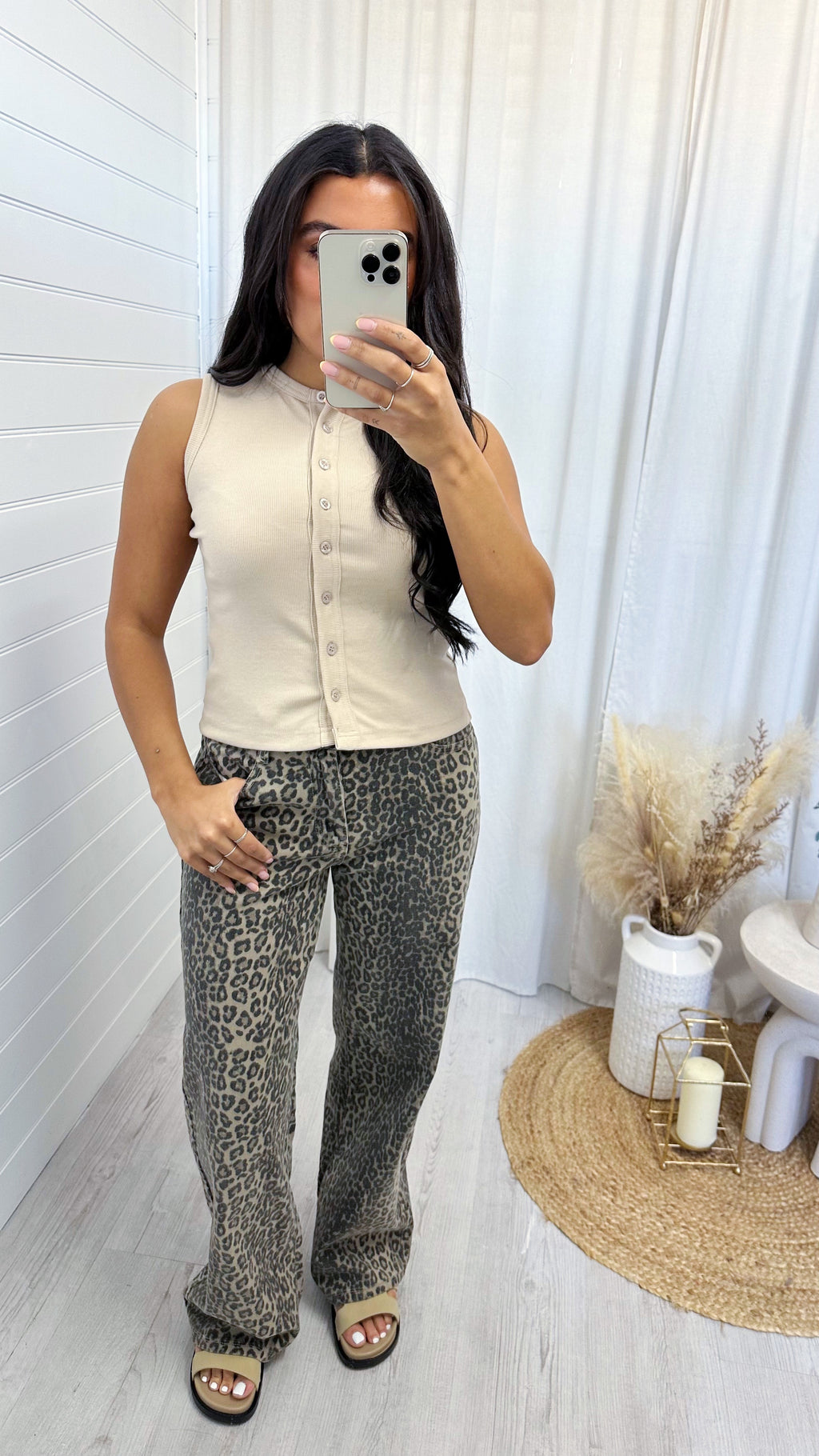 Ribbed Button Up Vest Top - BEIGE