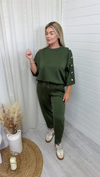 Button Shoulder Top and Barrel Fit Joggers Co-Ord - KHAKI