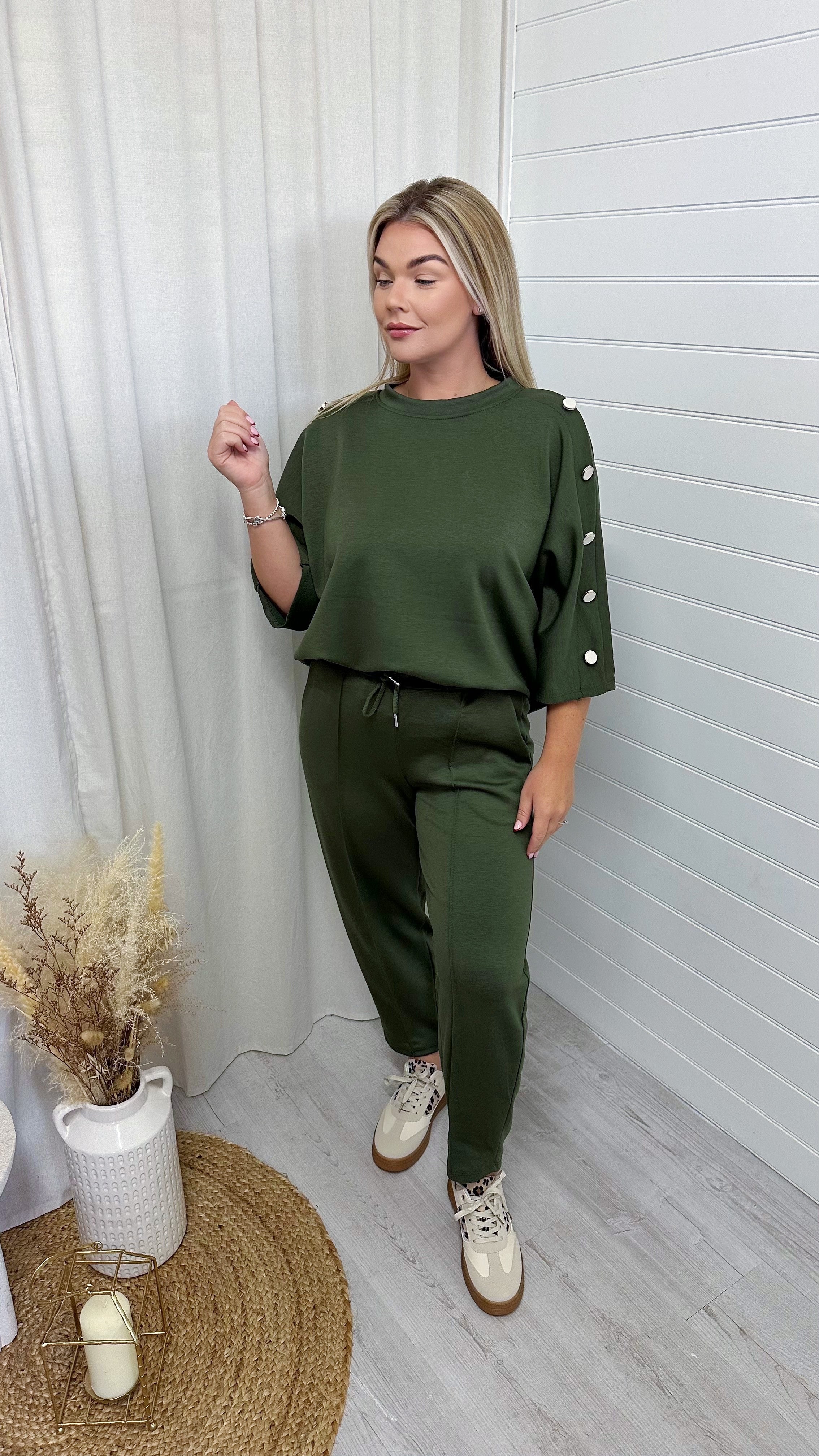 Button Shoulder Top and Barrel Fit Joggers Co-Ord - KHAKI