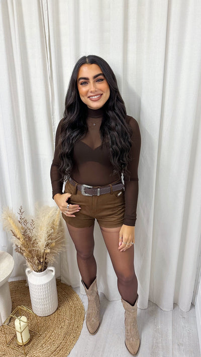 Western Belt High Waist Suede Shorts - BROWN