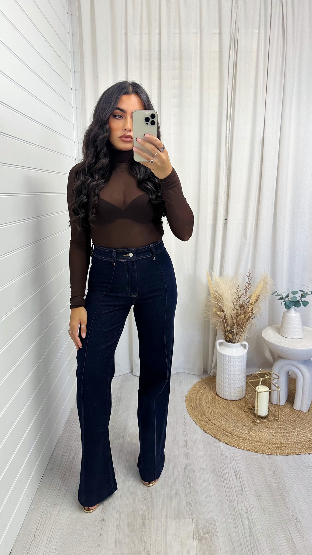 High Waisted Seam Front Flared Jeans - DARK DENIM