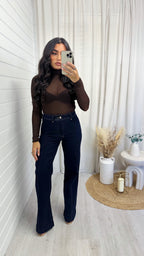 High Waisted Seam Front Flared Jeans - DARK DENIM