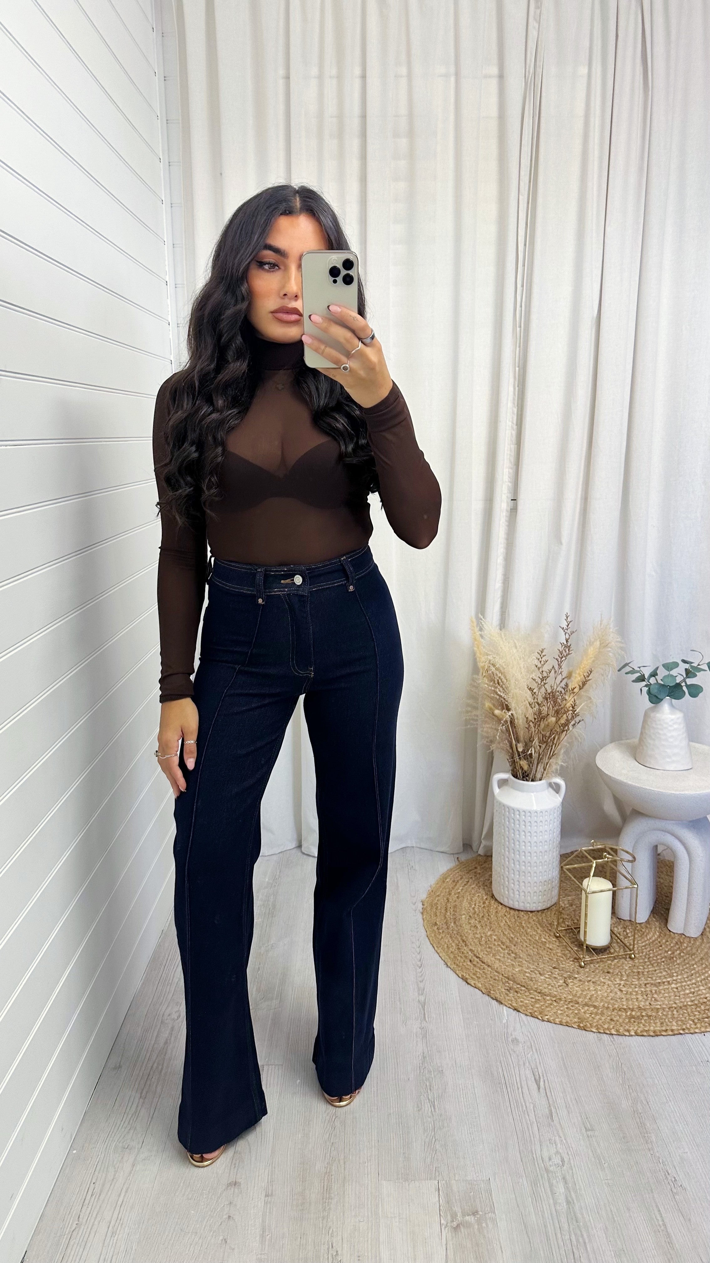 High Waisted Seam Front Flared Jeans - DARK DENIM