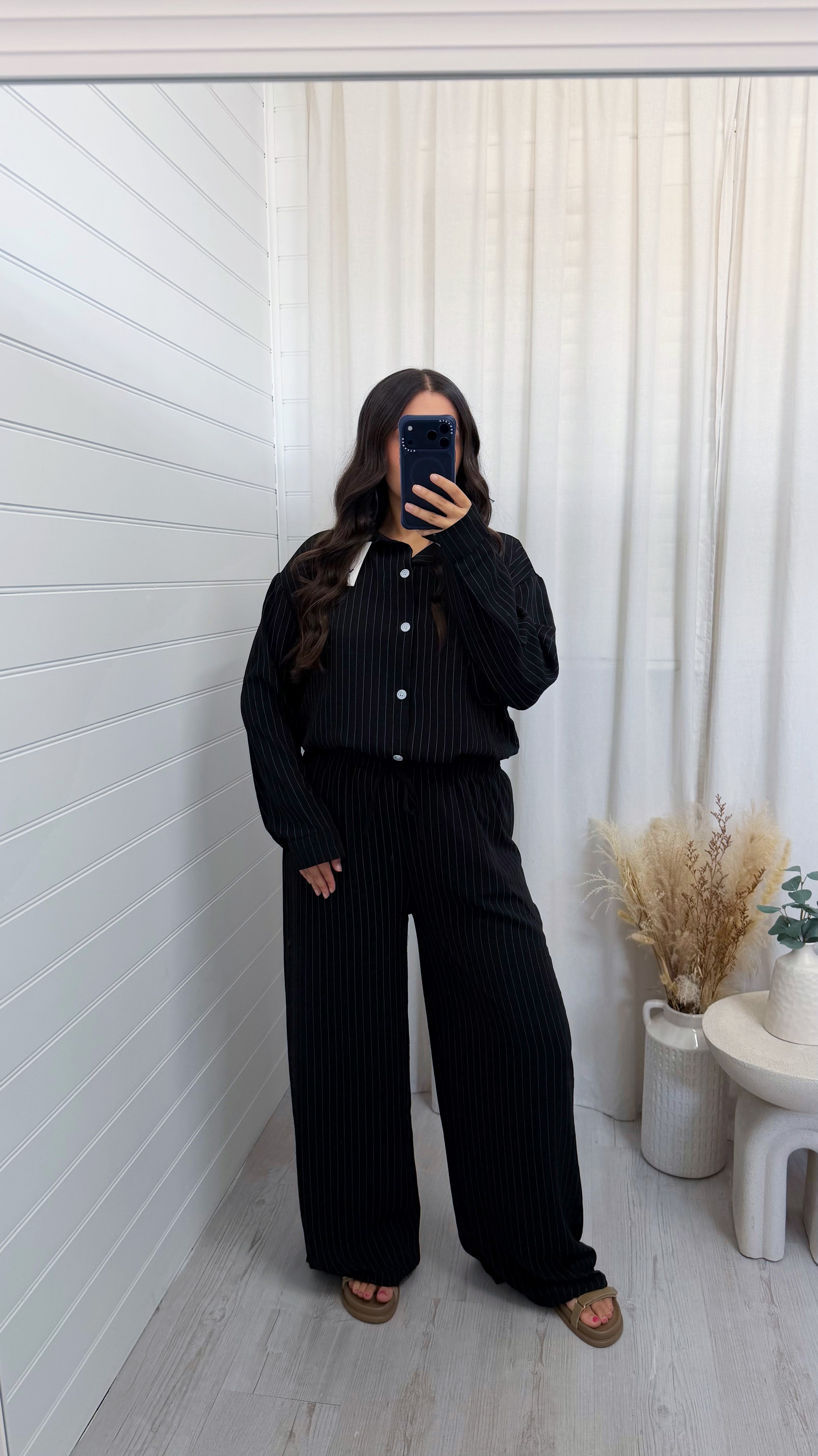 Oversized Pinstripe Shirt and Trousers Co-Ord - BLACK
