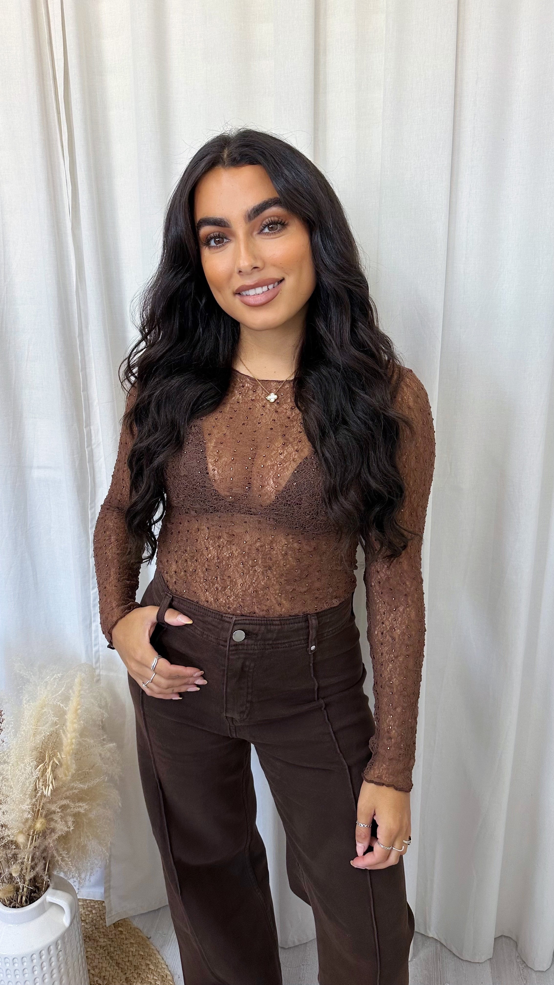 Rhinestone Lace Long Sleeve Top - BROWN