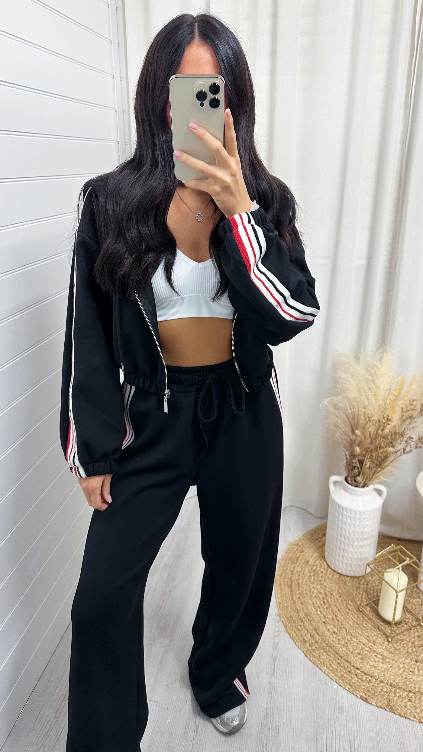 Retro Side Stripe Bomber Jacket and Joggers Tracksuit - BLACK