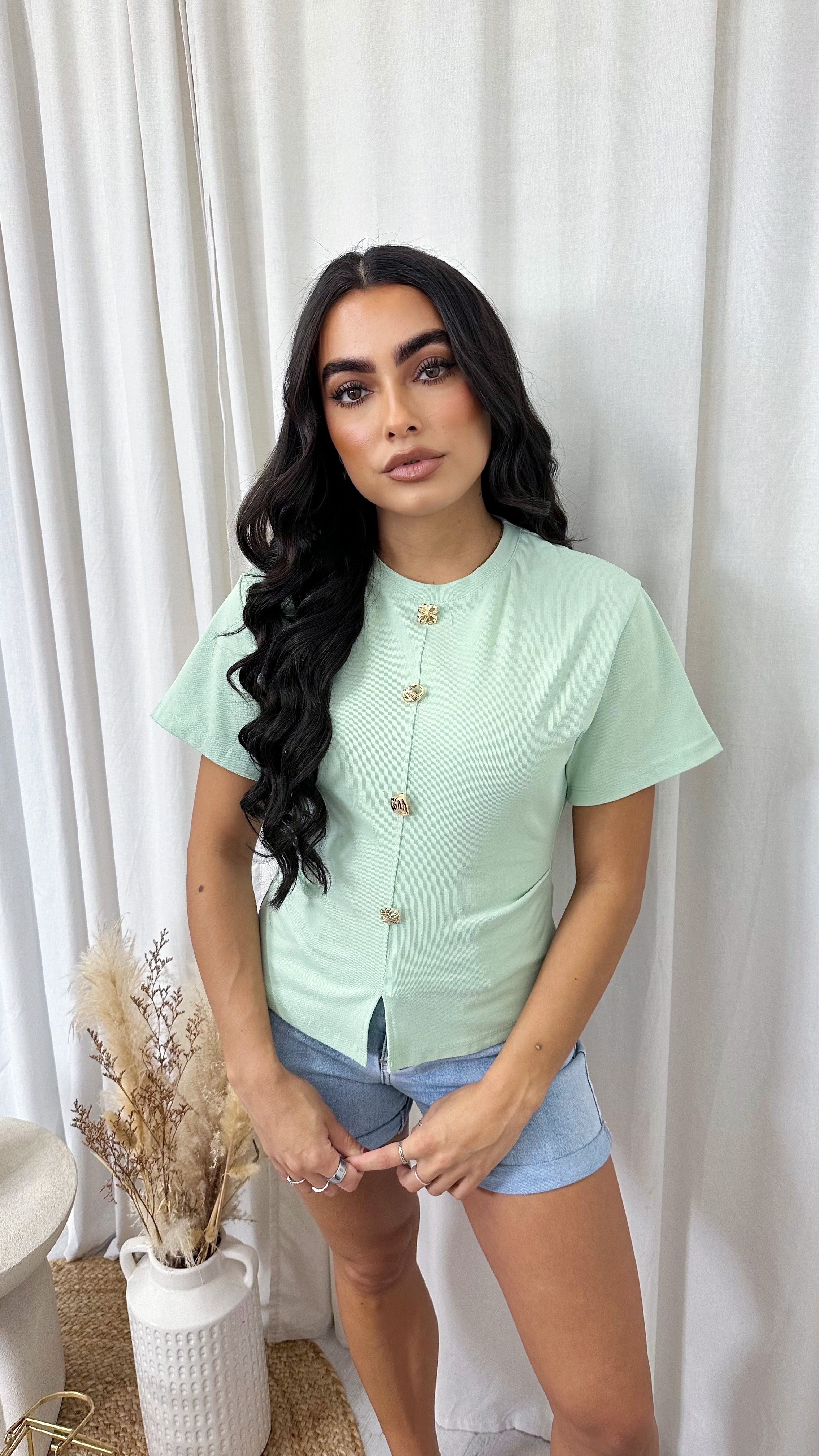 Soft Ribbed Gold Button Cinched T-Shirt - MINT