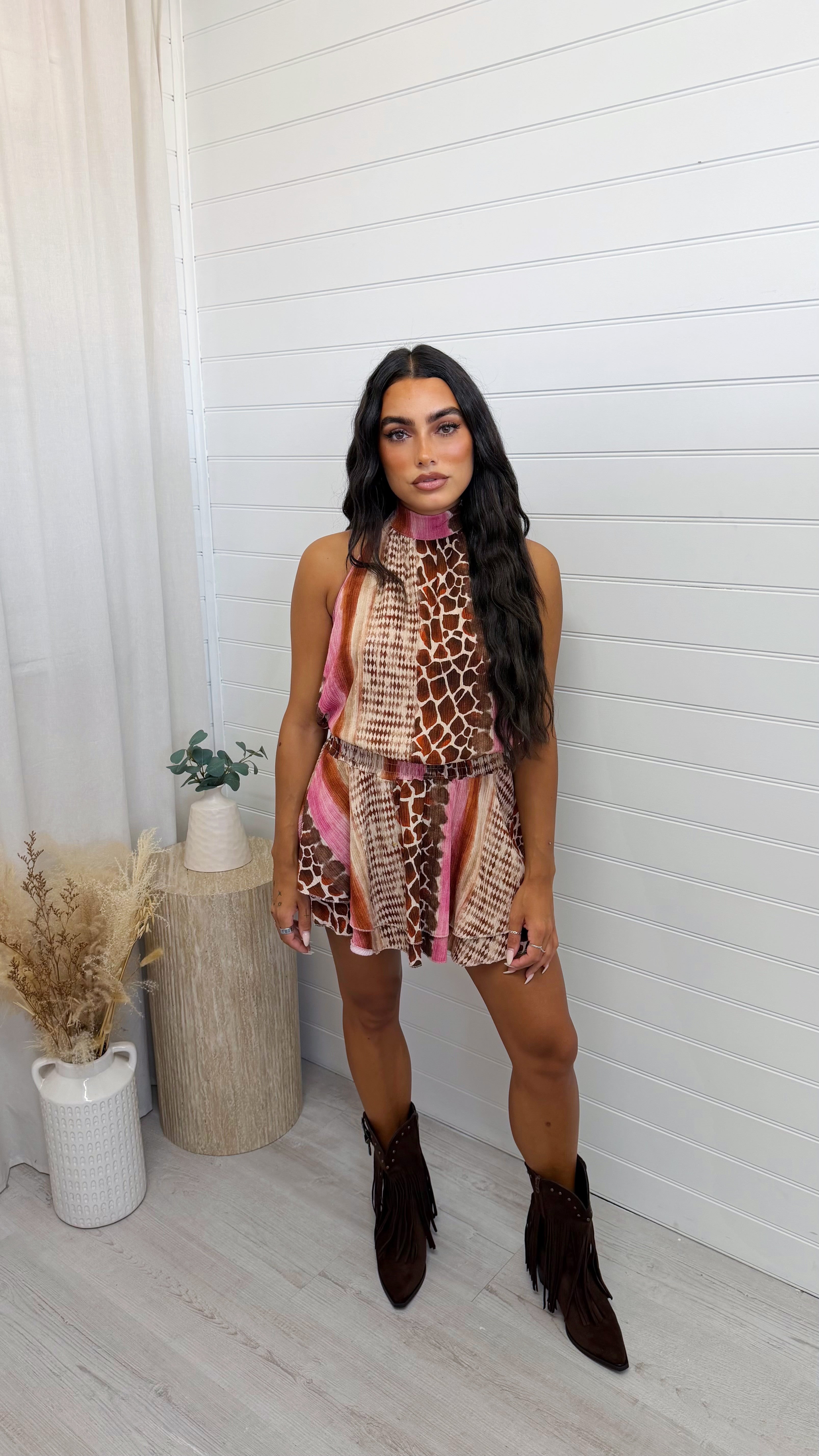 Reptile Print Halter Neck Frill Dress - PINK