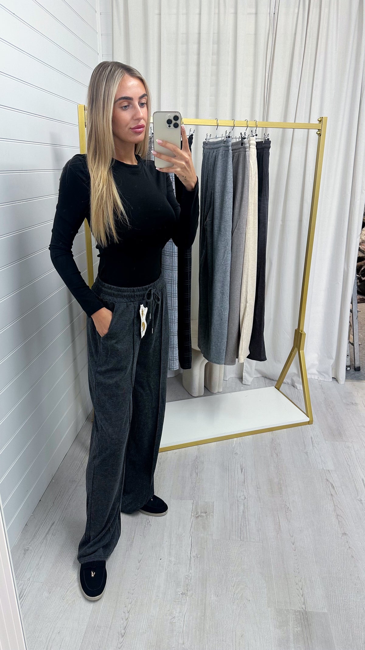 Textured Wide Leg Trousers - CHARCOAL