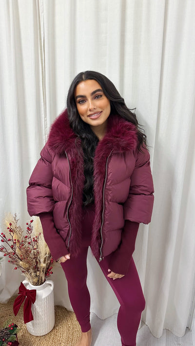 Fur Trim Hooded Puffer Coat - BURGUNDY