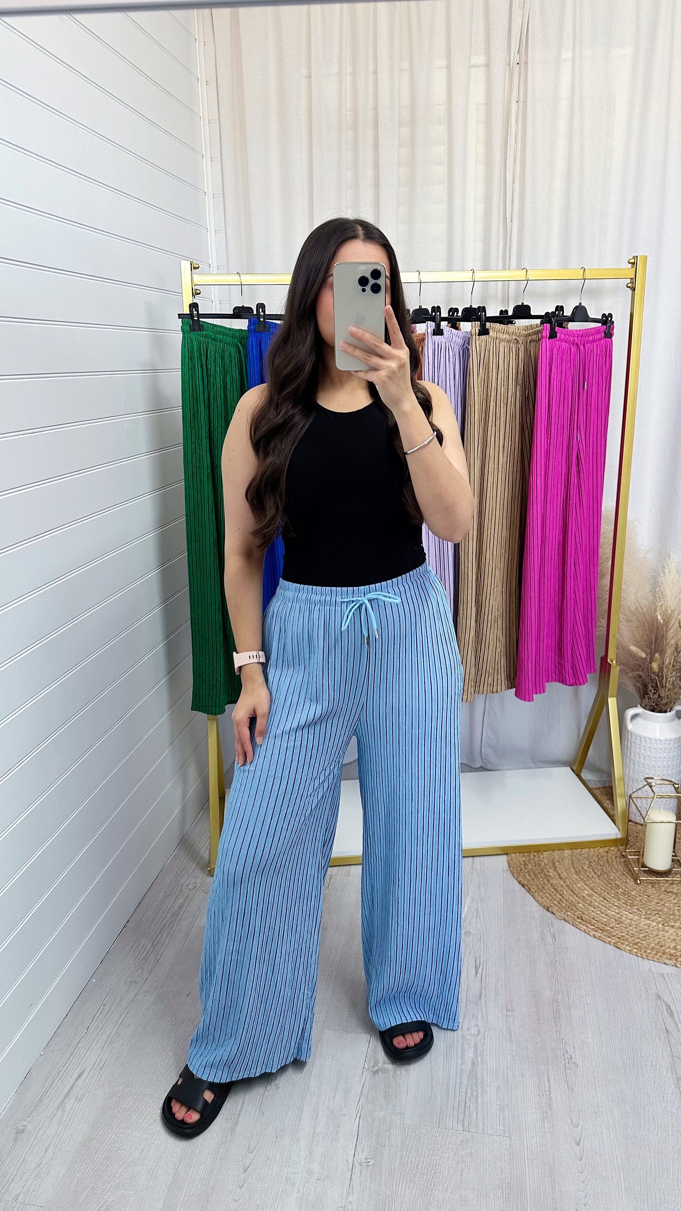 Pinstripe Stretchy Wide Leg Trousers - BABY BLUE