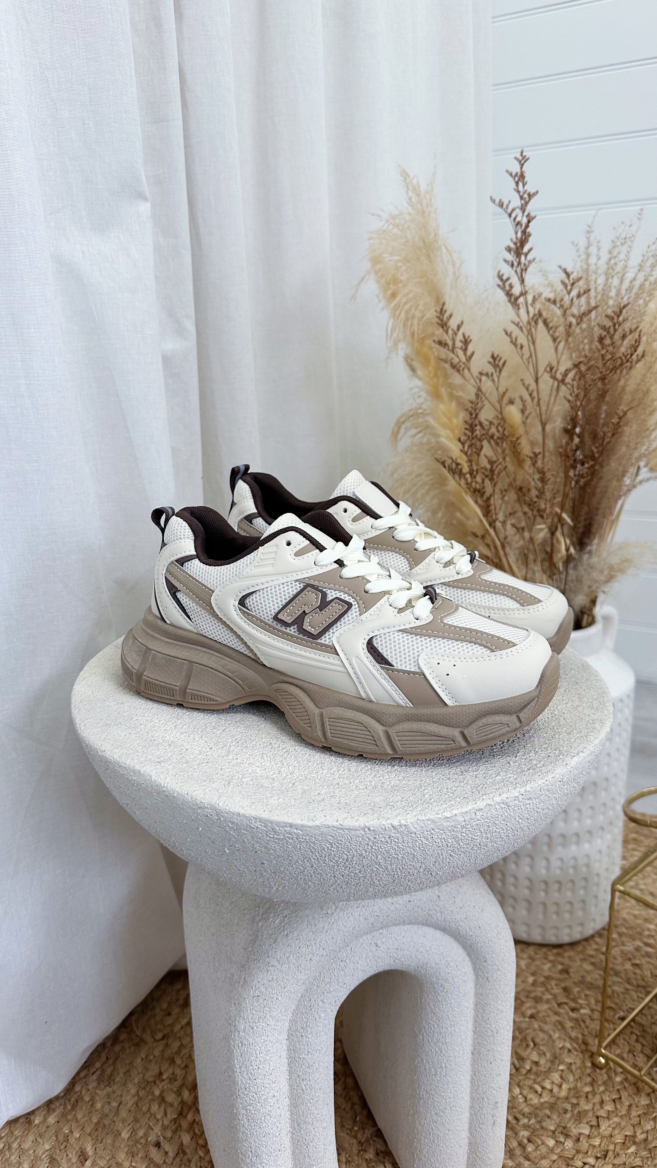 Chunky Sole Mesh Trainers - CREAM/TAUPE