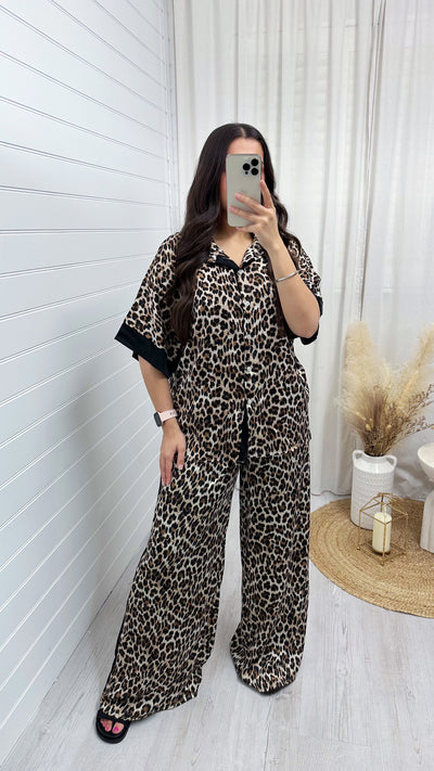 Satin Side Stripe Leopard Print Shirt and Trousers Co-Ord - BLACK