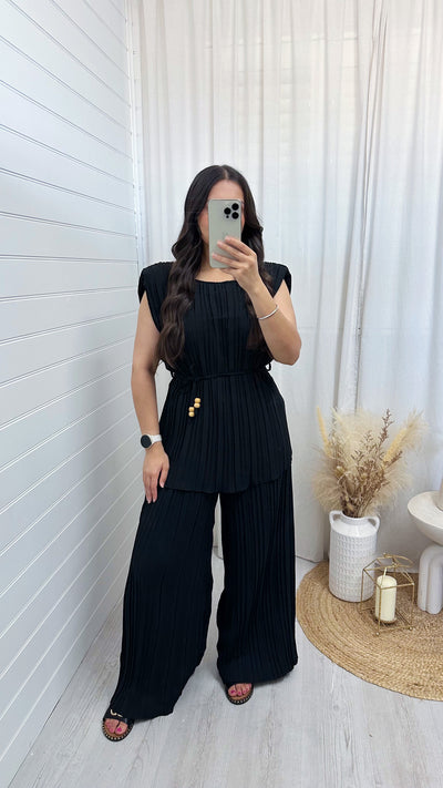 Pleated Tunic and Wide Leg Trousers Co-Ord - BLACK