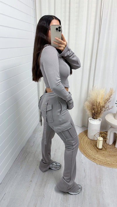 Cargo Cropped Jacket and Split Hem Joggers Tracksuit - DOVE GREY