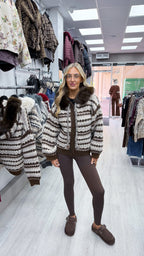 Faux Fur Collar Aztec Print Cardigan - BROWN