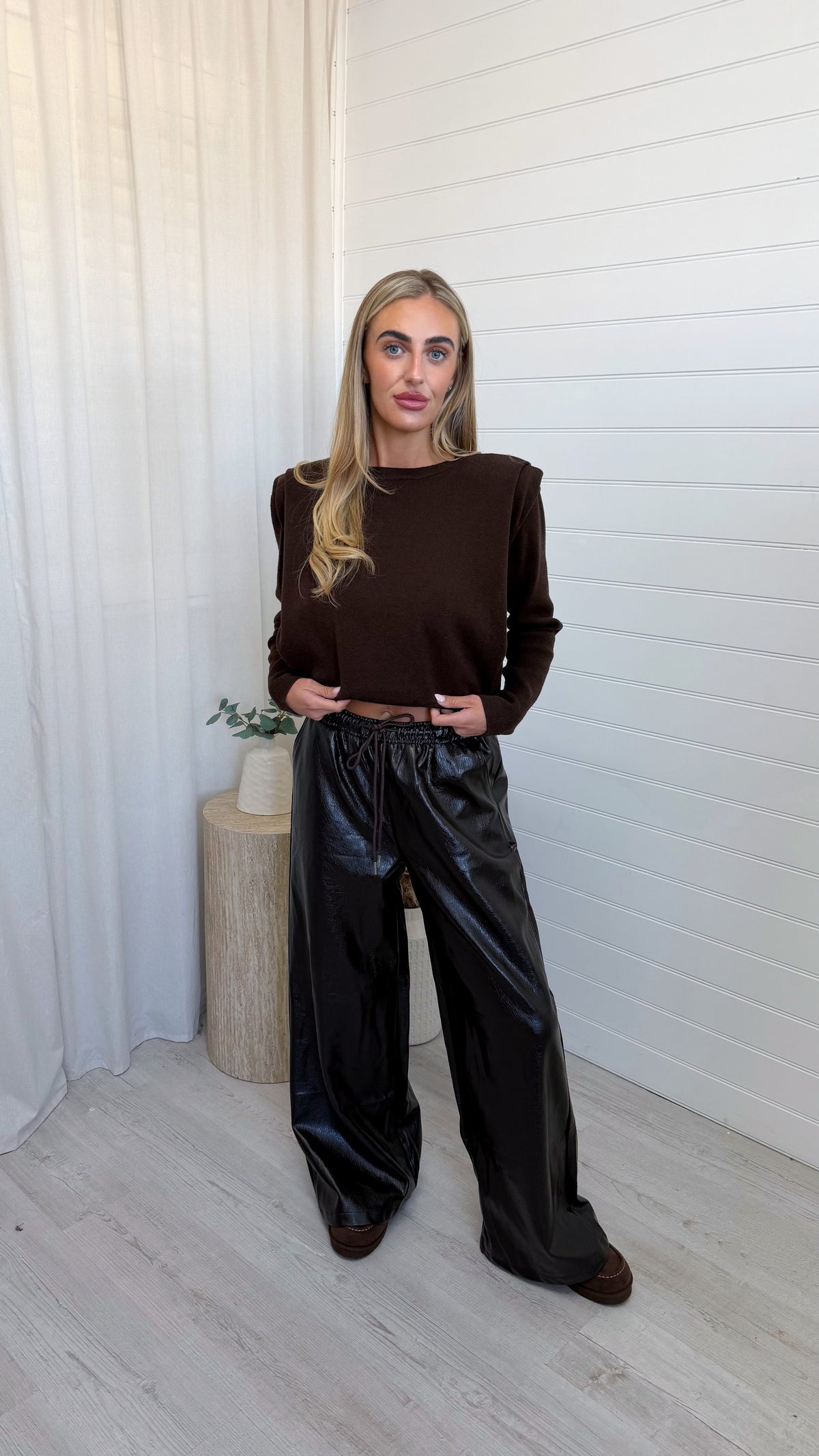 Wide Leg Faux Leather Joggers - BROWN