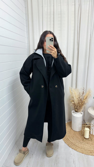Oversized Woollen Hooded Mac - BLACK