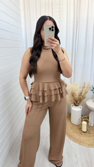 Peplum Frill Tiered Vest Top and Trousers Co-Ord - TAUPE