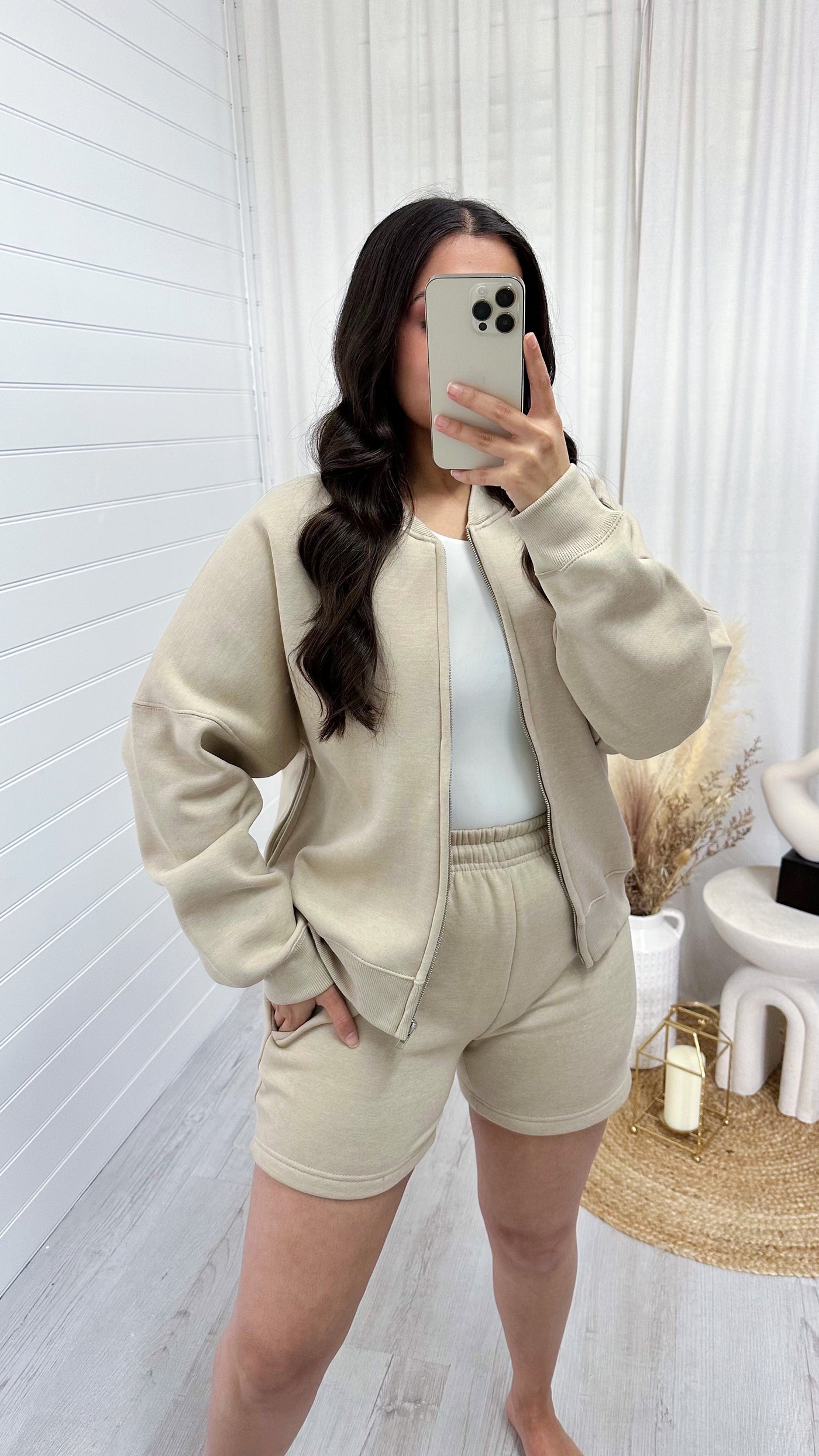 Bomber Jacket and Shorts Co-Ord - BEIGE