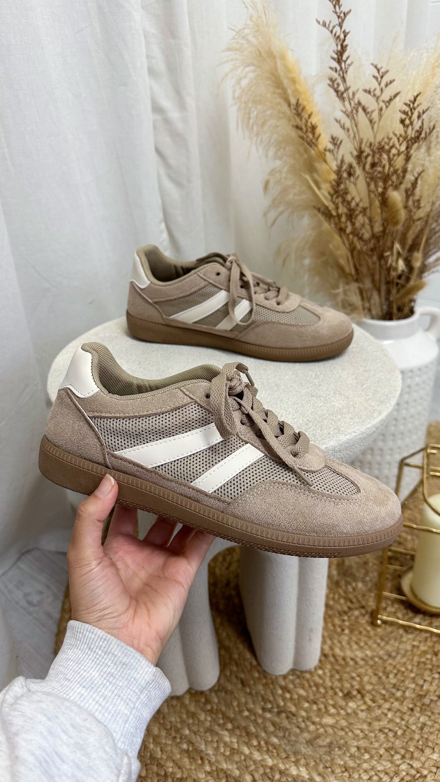 Classic Suede Stripe Court Trainers - BEIGE