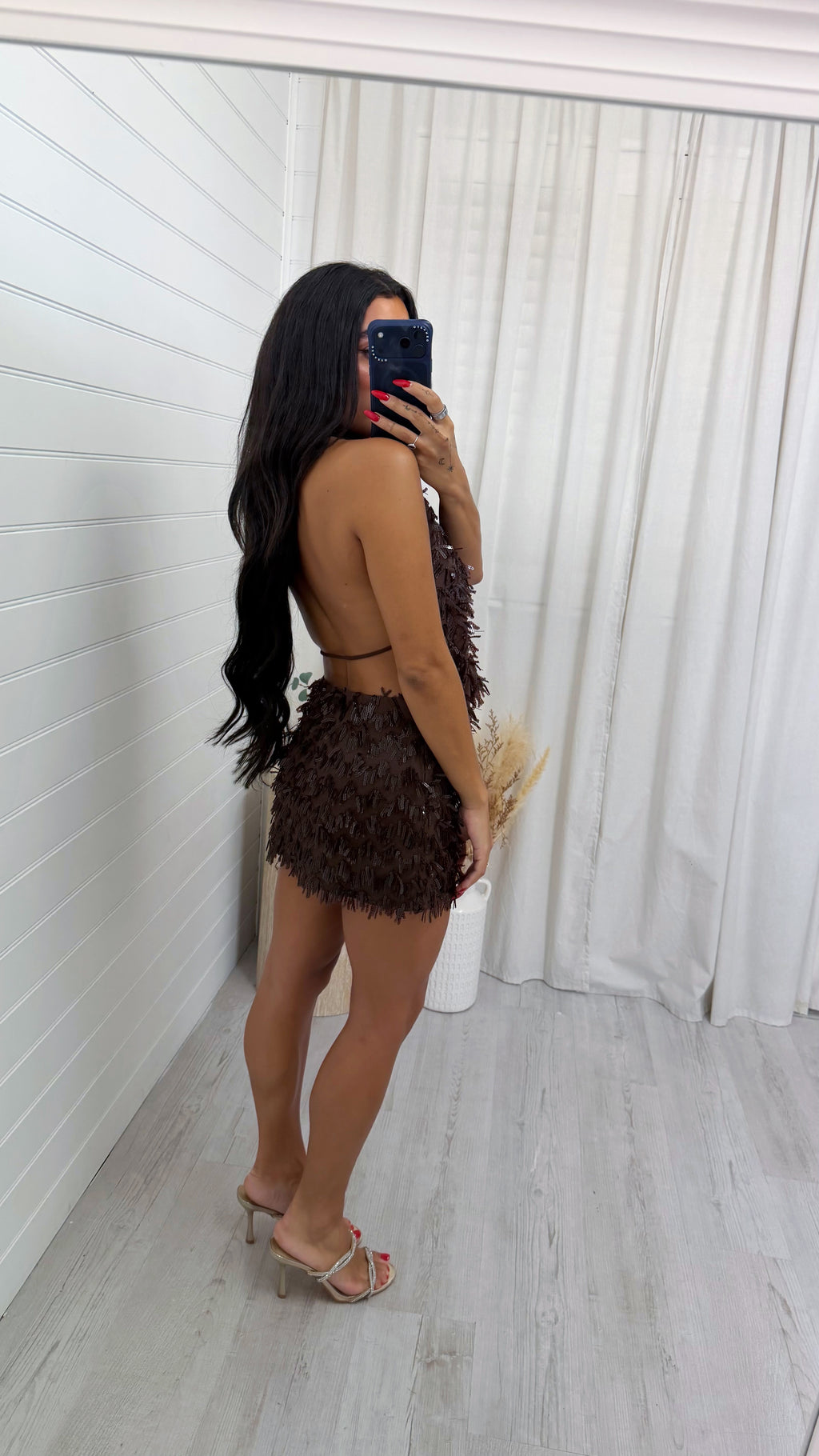 Cowl Neck Sequin Top and Skirt Set - BROWN
