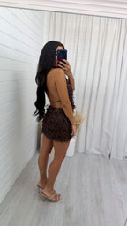 Cowl Neck Sequin Top and Skirt Set - BROWN