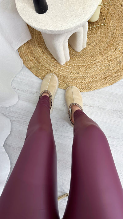 High Waisted Leather Look Leggings - WINE